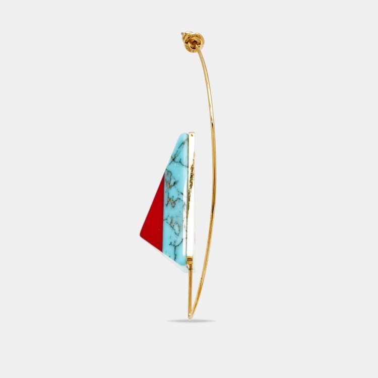 Pre Owned Fendi Red/Blue Resin Rainbow Pyramid Gold Tone Earring 