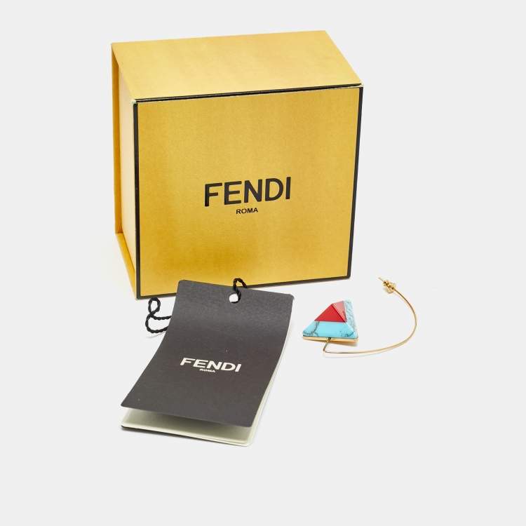 Pre Owned Fendi Red/Blue Resin Rainbow Pyramid Gold Tone Earring 