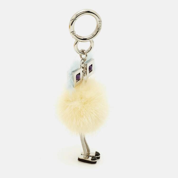 Pre Owned Fendi Bag Charm Yellow/Blue Fox Fur Hypnoteyes Chick Pom Pom 