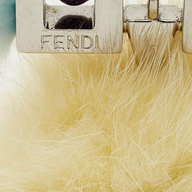 Pre Owned Fendi Bag Charm Yellow/Blue Fox Fur Hypnoteyes Chick Pom Pom 