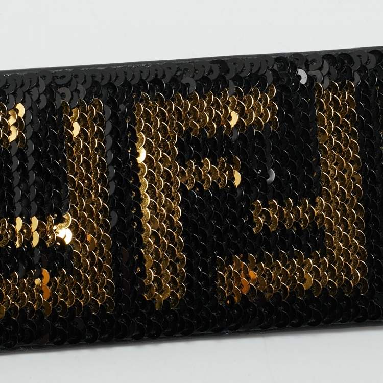 Pre Owned Fendi Zucca Bag Shoulder Strap Black/Gold Leather and Sequins