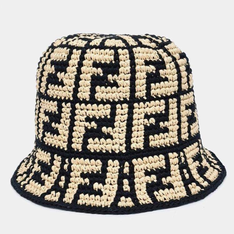 Pre Owned Fendi Beige Black Cotton bucket hat