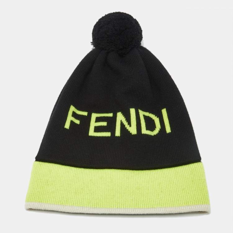 Pre Owned Fendi Black Logo Intarsia Wool Pom Pom Beanie 