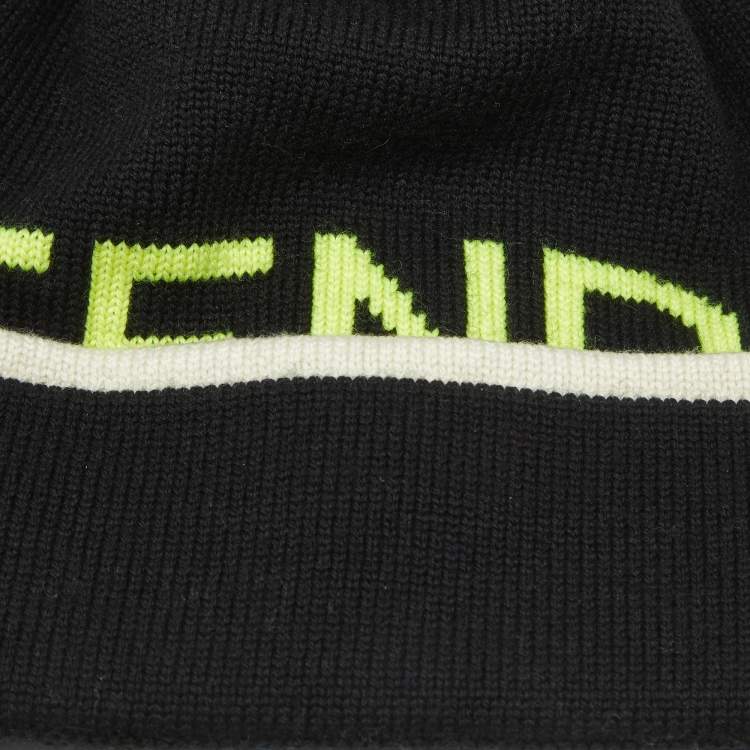 Pre Owned Fendi Black Logo Intarsia Wool Pom Pom Beanie 