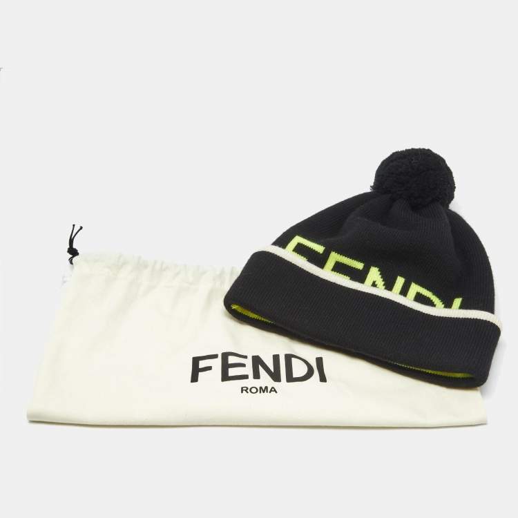 Pre Owned Fendi Black Logo Intarsia Wool Pom Pom Beanie 
