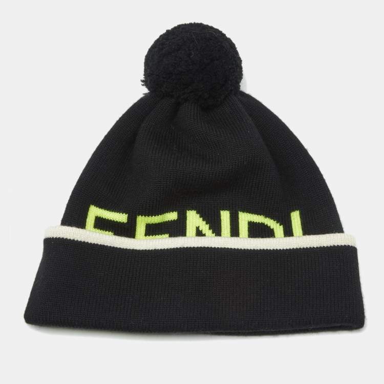 Pre Owned Fendi Black Logo Intarsia Wool Pom Pom Beanie 