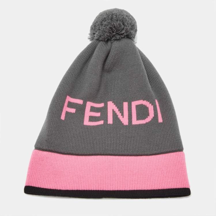 Pre Owned Fendi Black Logo Intarsia Wool Pom Pom Beanie 