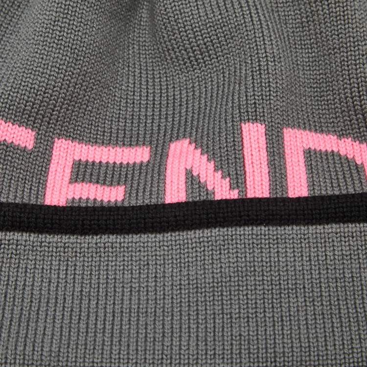 Pre Owned Fendi Black Logo Intarsia Wool Pom Pom Beanie 