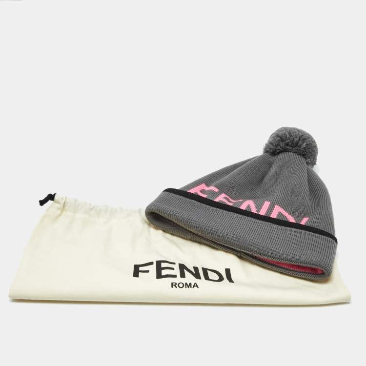 Pre Owned Fendi Black Logo Intarsia Wool Pom Pom Beanie 