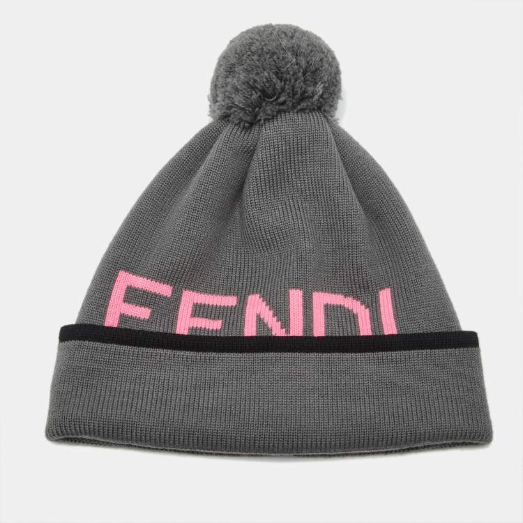 Pre Owned Fendi Black Logo Intarsia Wool Pom Pom Beanie 
