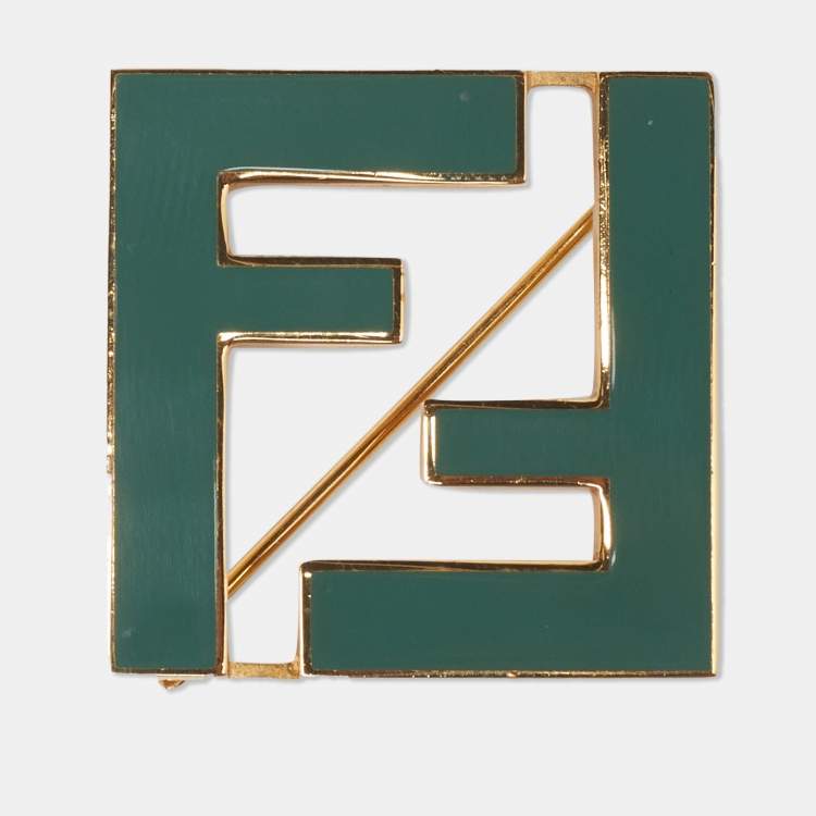 Pre Owned Fendi FF Green Enamel Gold Tone Brooch