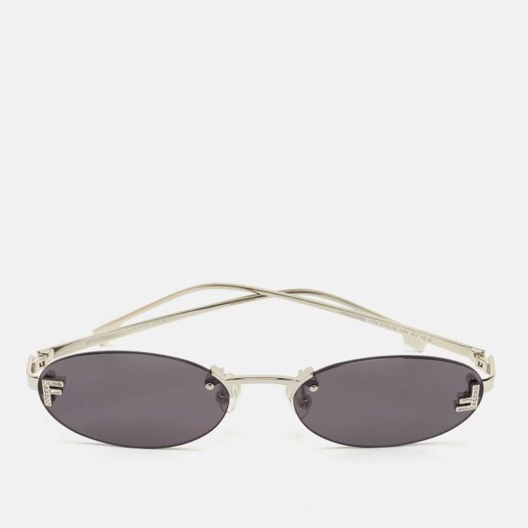 Pre Owned Fendi  Rimless Black Silver Tone Oval Sunglasses
