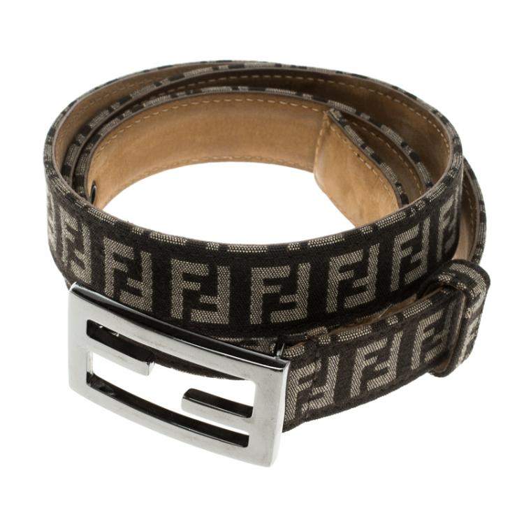 Pre Owned Fendi Brown Zucchino Canvas FF Buckle Belt 105cm