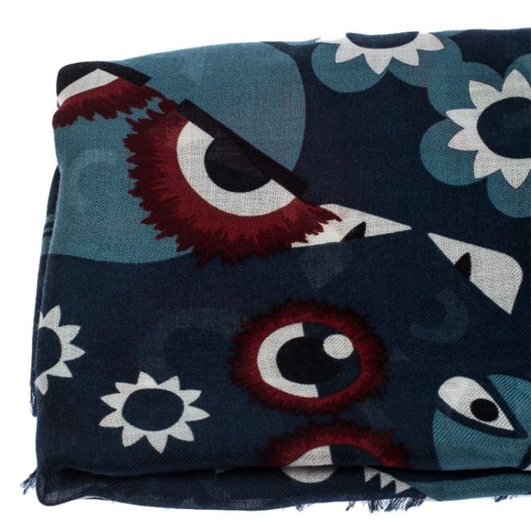 Pre Owned Fendi Blue Monster and Flowerland Flowers Print Silk Wool Square Scarf