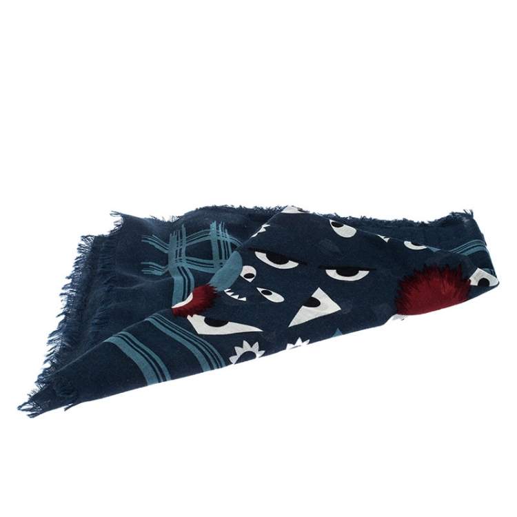 Pre Owned Fendi Blue Monster and Flowerland Flowers Print Silk Wool Square Scarf