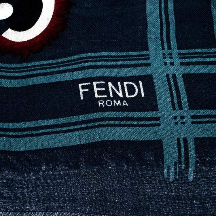 Pre Owned Fendi Blue Monster and Flowerland Flowers Print Silk Wool Square Scarf
