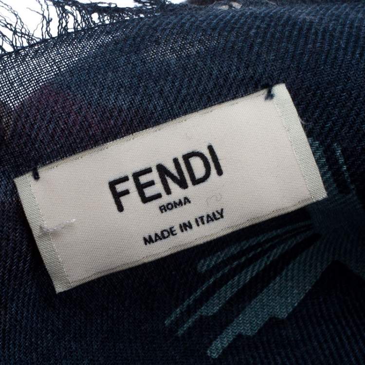 Pre Owned Fendi Blue Monster and Flowerland Flowers Print Silk Wool Square Scarf