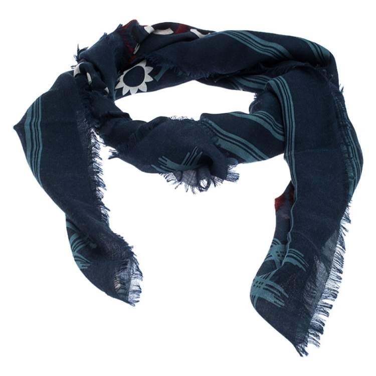 Pre Owned Fendi Blue Monster and Flowerland Flowers Print Silk Wool Square Scarf