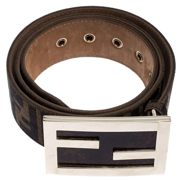 Pre Owned Fendi Brown Zucca Canvas FF Buckle Belt 90CM