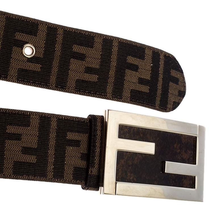 Pre Owned Fendi Brown Zucca Canvas FF Buckle Belt 90CM