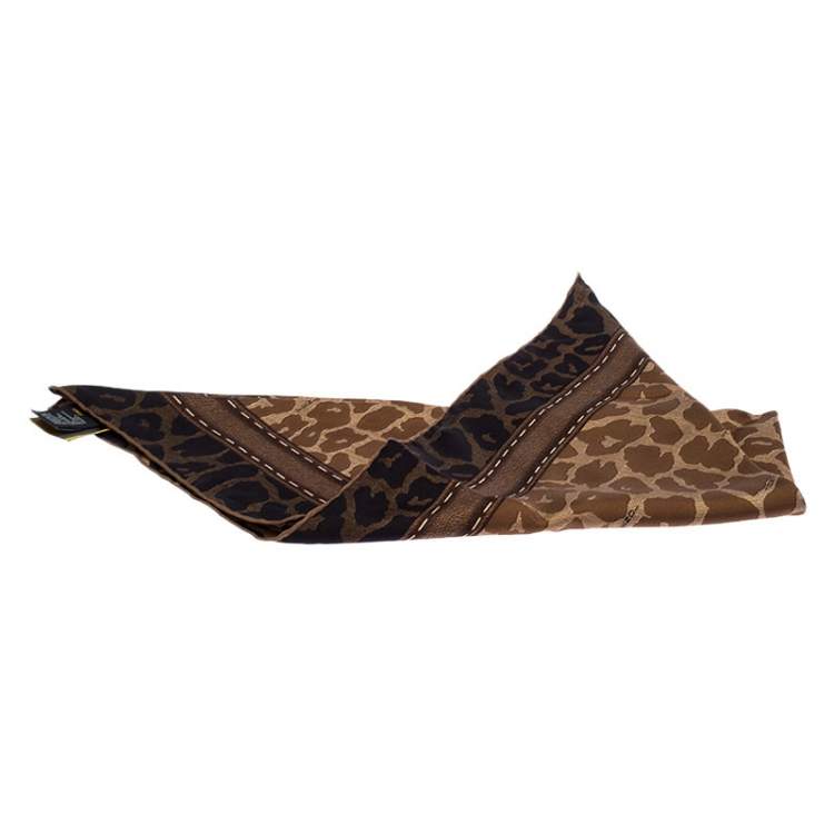 Pre Owned Fendi Brown Leopard Print Silk Square Scarf 