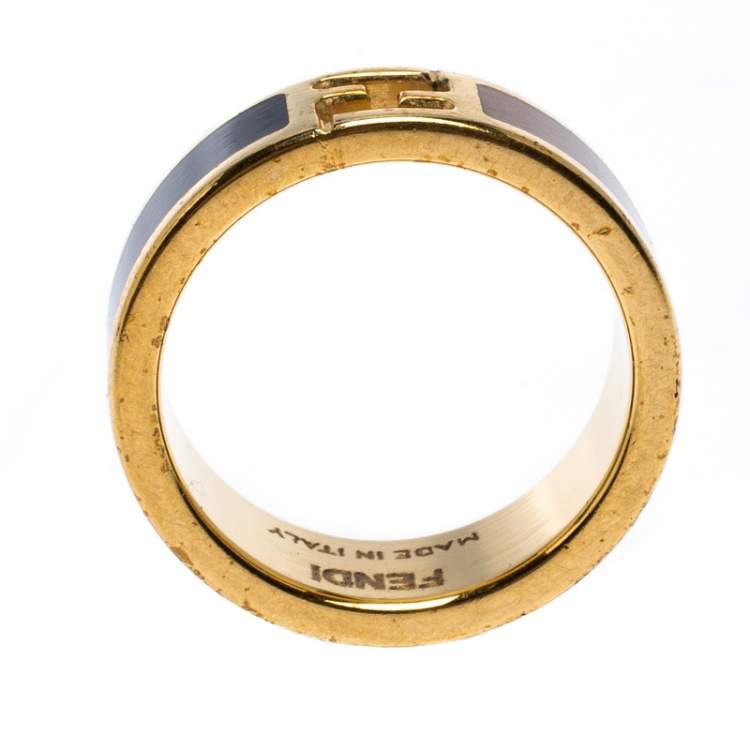 Pre Owned Fendi The Fendista Bi-color Enamel Gold Tone Band Ring Size 54.5