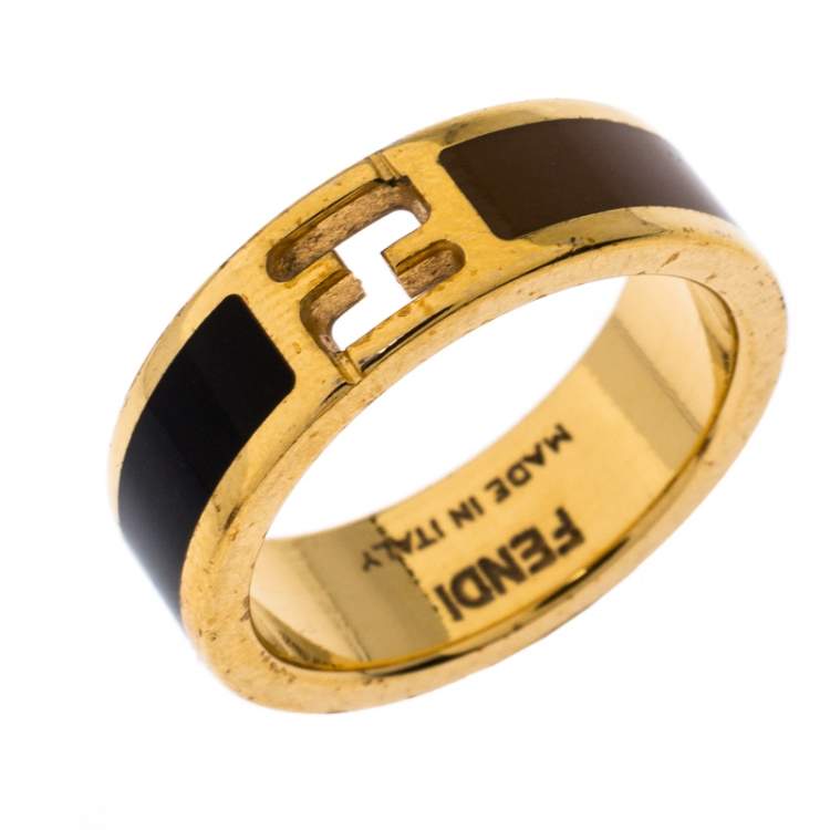 Pre Owned Fendi The Fendista Bi-color Enamel Gold Tone Band Ring Size 54.5