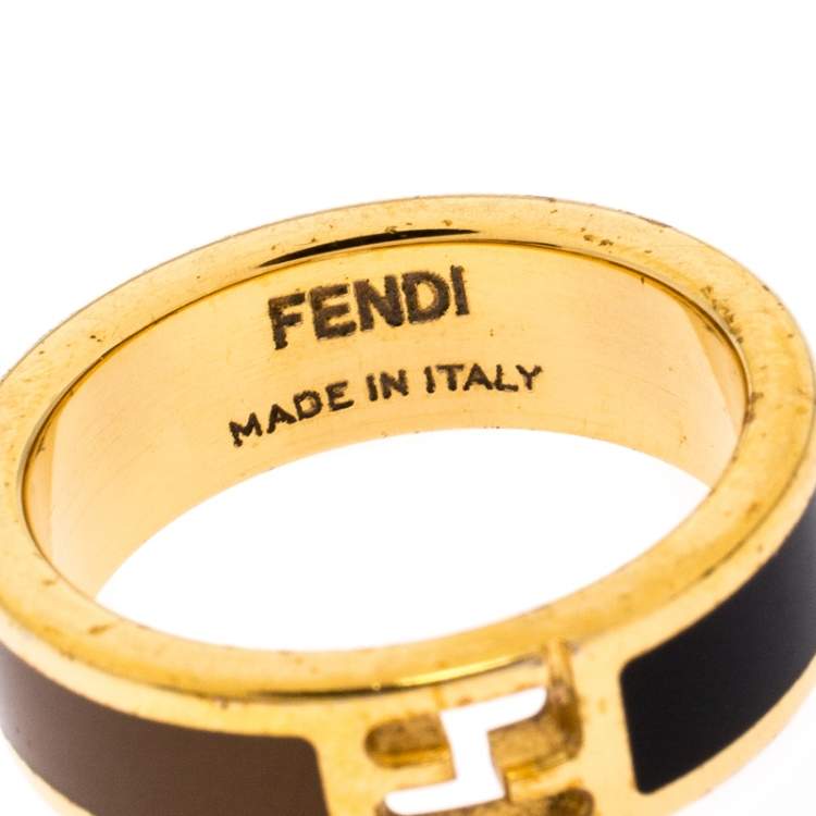 Pre Owned Fendi The Fendista Bi-color Enamel Gold Tone Band Ring Size 54.5