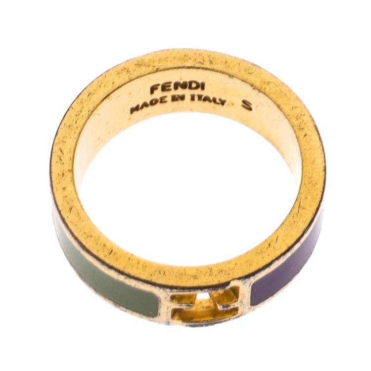 Pre Owned Fendi The Fendista Bicolor Enamel Gold Tone Band Ring Size EU 51