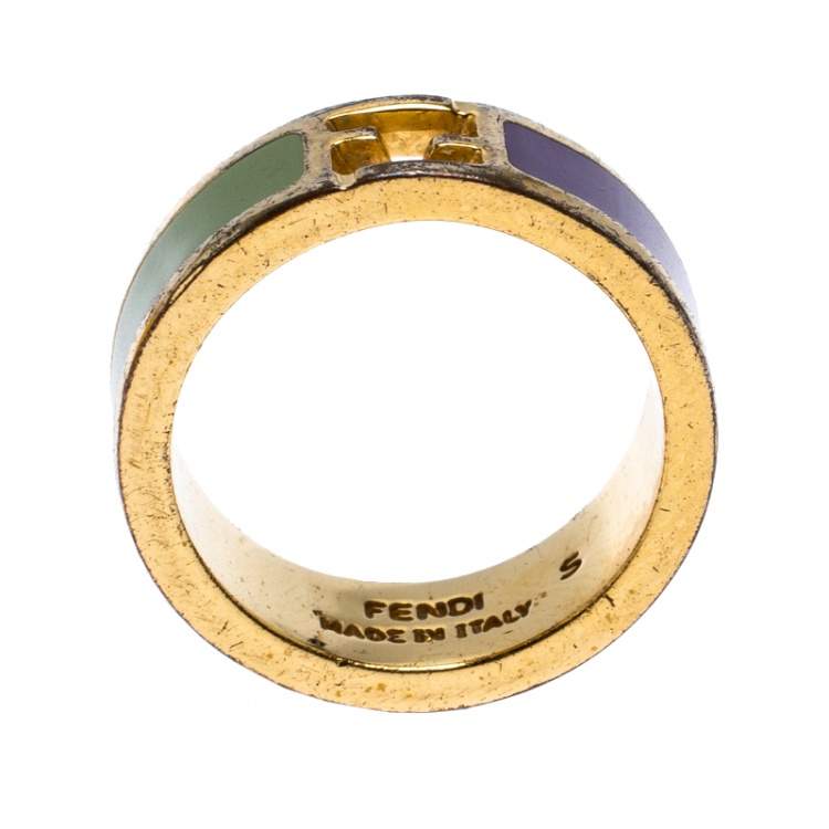 Pre Owned Fendi The Fendista Bicolor Enamel Gold Tone Band Ring Size EU 51