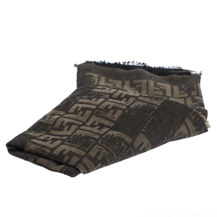 Pre Owned Fendi Brown Distressed Zucca Patterned Wool Blend Scarf