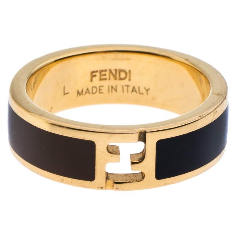 Fendi The Fendista Bi-color Enamel Gold Tone Band Ring Size 59