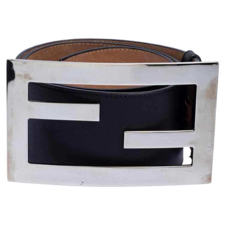 Pre Owned Fendi Black Leather FF Buckle Waist Belt 85CM