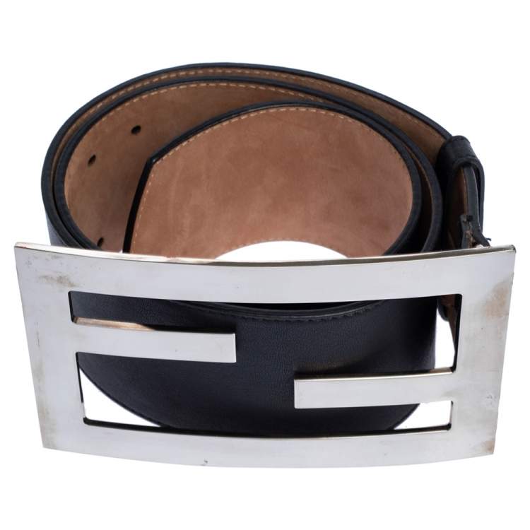 Pre Owned Fendi Black Leather FF Buckle Waist Belt 85CM