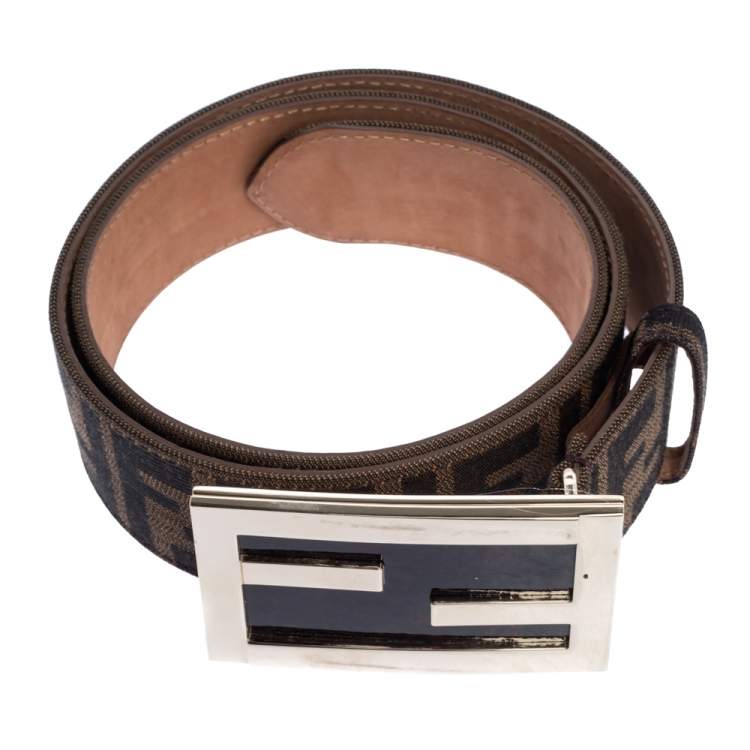 Pre Owned Fendi Brown Zucca Canvas FF Buckle Belt 85CM
