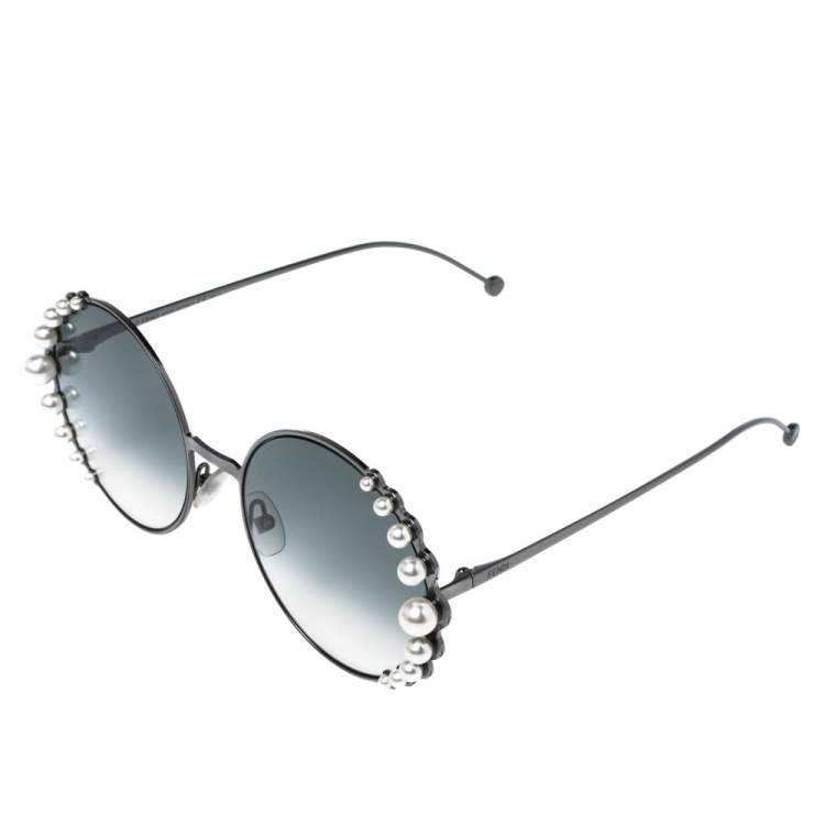 Pre Owned Fendi Faux Pearl/ Green Gradient FF0295 Round Sunglasses