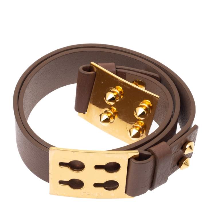 Pre Owned Fendi Brown Leather Studded Sliding Belt 85CM