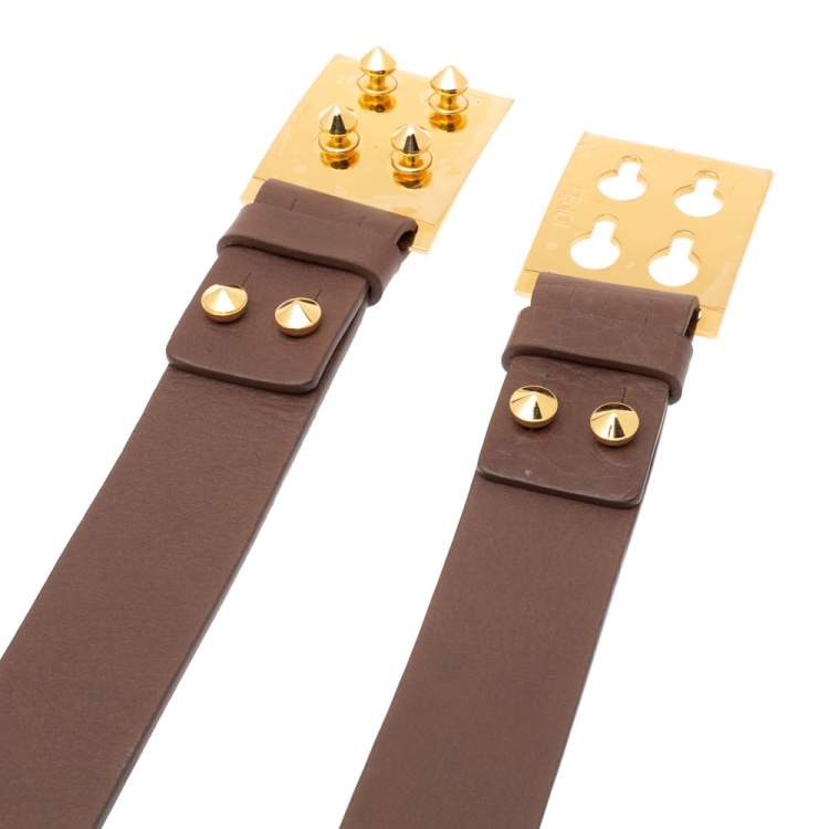 Pre Owned Fendi Brown Leather Studded Sliding Belt 85CM