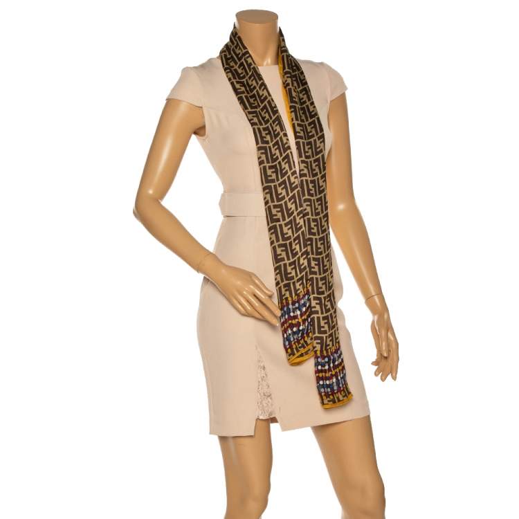 Pre Owned Fendi Brown Zucca Polka Dot Silk Scarf