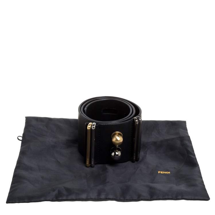 Pre Owned Fendi Black Leather Metal Waist Belt 75CM