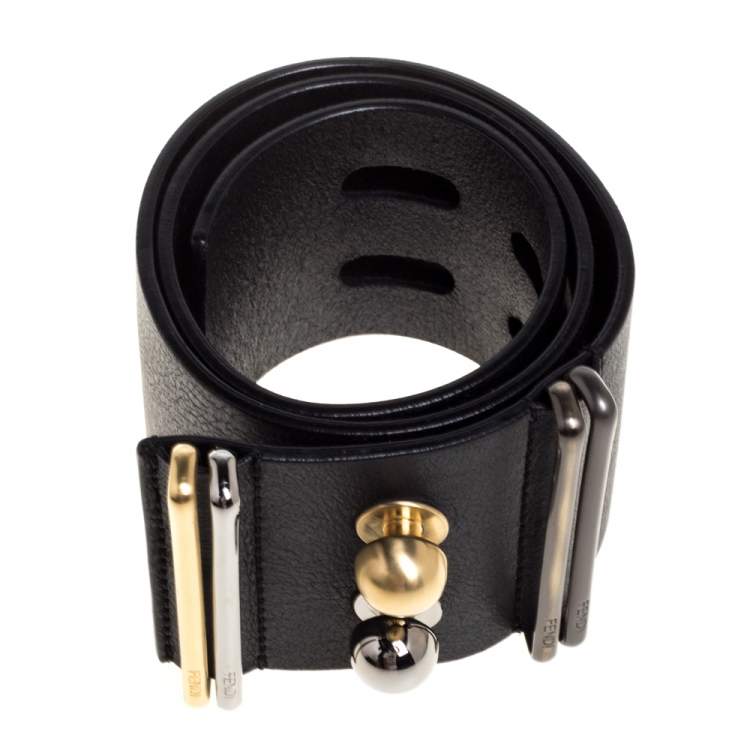 Pre Owned Fendi Black Leather Metal Waist Belt 75CM