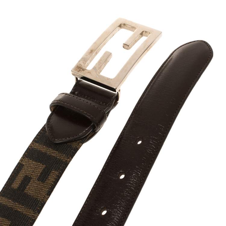 Pre Owned Fendi Tobacco Zucca Canvas FF Buckle Belt Size 95
