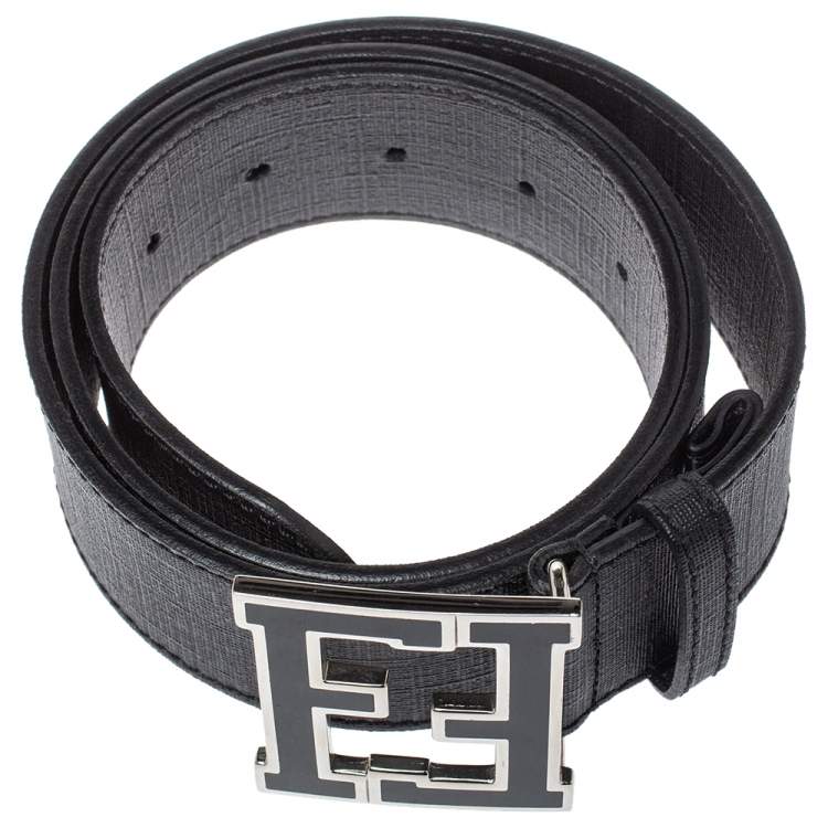Pre Owned Fendi Black Zucca Canvas FF Buckle Belt Size 85