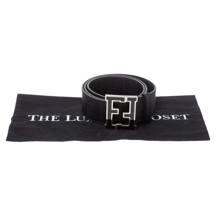 Pre Owned Fendi Black Zucca Canvas FF Buckle Belt Size 85
