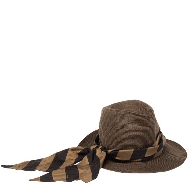 Pre Owned Fendi Brown Paper Fibre Foldable Silk-Scarf Hat