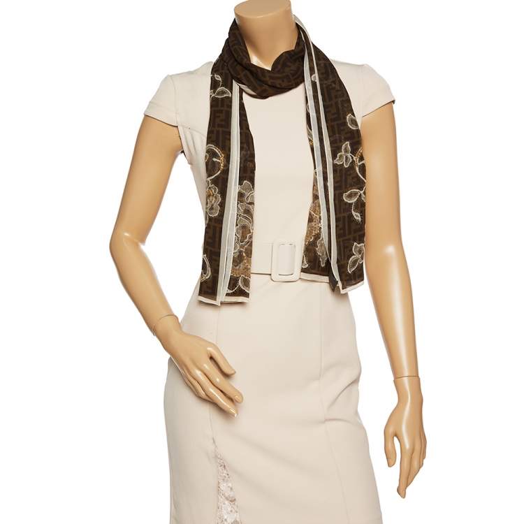 Pre Owned Fendi Brown Monogram and Floral Printed Silk Scarf 