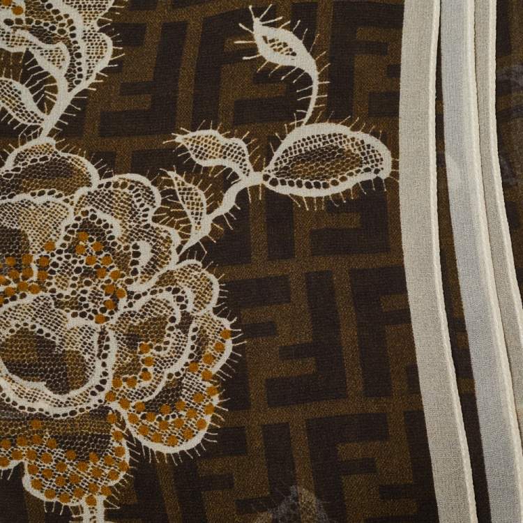 Pre Owned Fendi Brown Monogram and Floral Printed Silk Scarf 