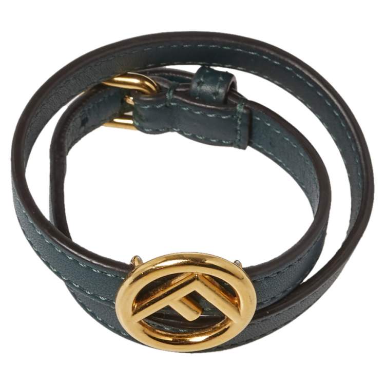 Pre Owned Fendi F Is Fendi Green Leather Gold Tone Double Wrap Bracelet S