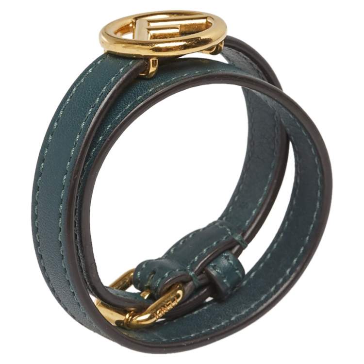 Pre Owned Fendi F Is Fendi Green Leather Gold Tone Double Wrap Bracelet S