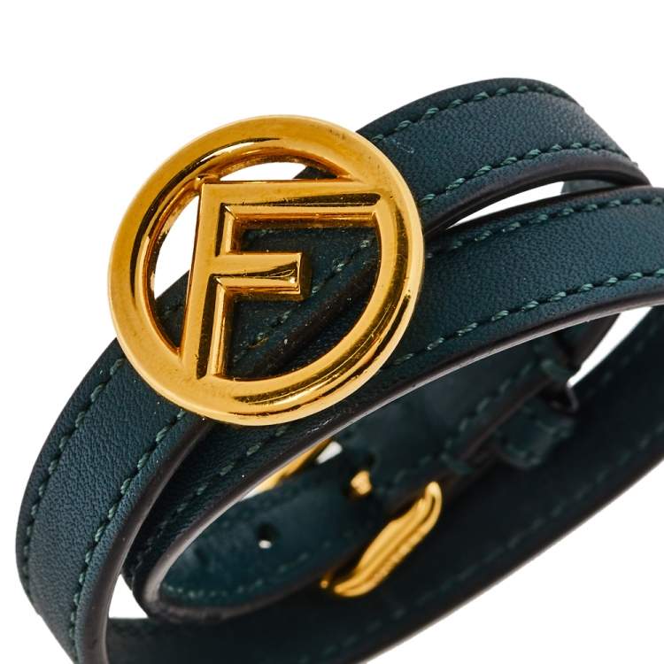 Pre Owned Fendi F Is Fendi Green Leather Gold Tone Double Wrap Bracelet S